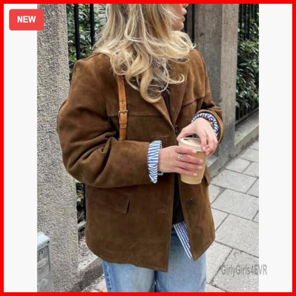 Oversized Faux Leather Blazer Jacket Mid-Thigh Length Long Sleeve - Picture 3 of 4